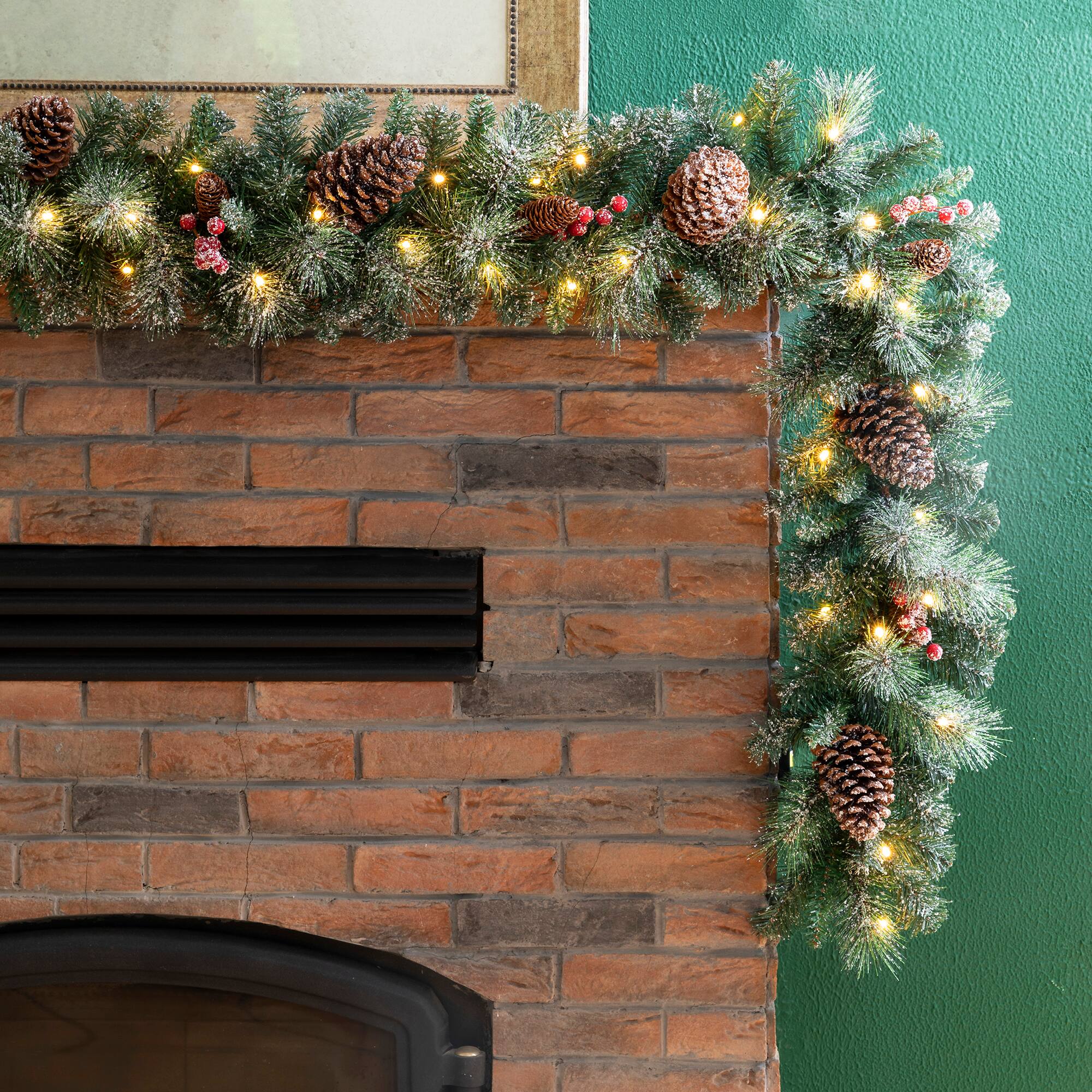 5-Piece Pre-Lit Glittered Pinecone Christmas Wreath, Garland & Flocked Christmas Tree, Warm White Lights